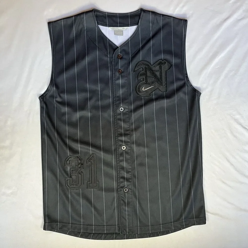 Nike Sleeveless Baseball Jersey Mens L Black Pinstripe Button Up #31 Y2K Stitch